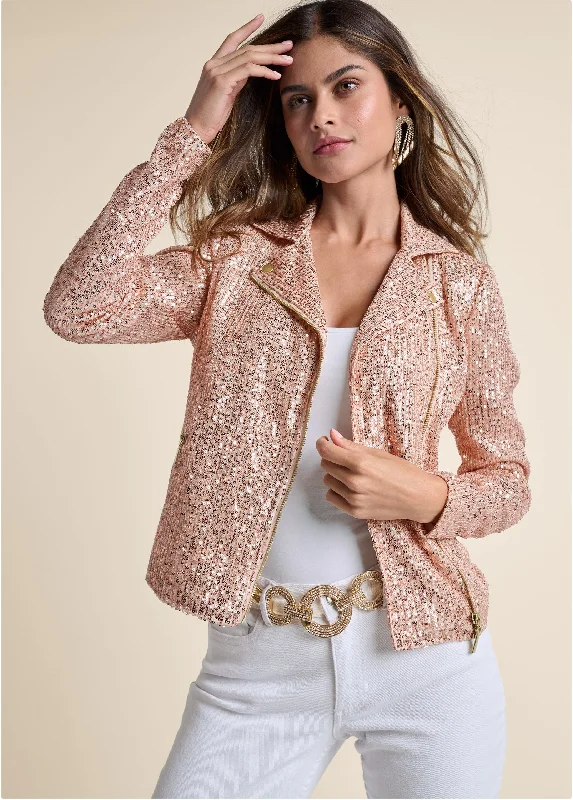 Sequin Moto Jacket - Rose Gold