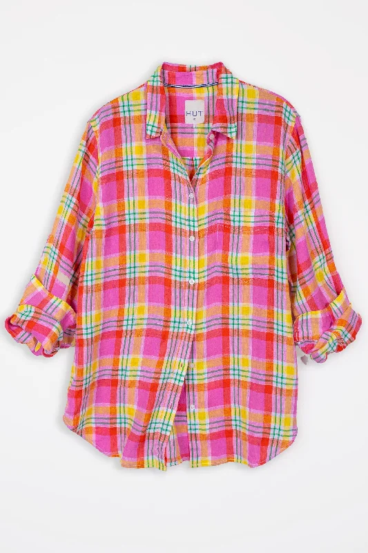 Bubblegum Plaid Boyfriend Linen Shirt