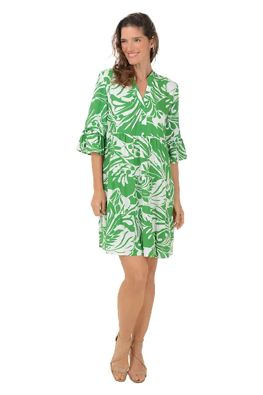 Jungle Foliage Bell Sleeve Tiered Dress