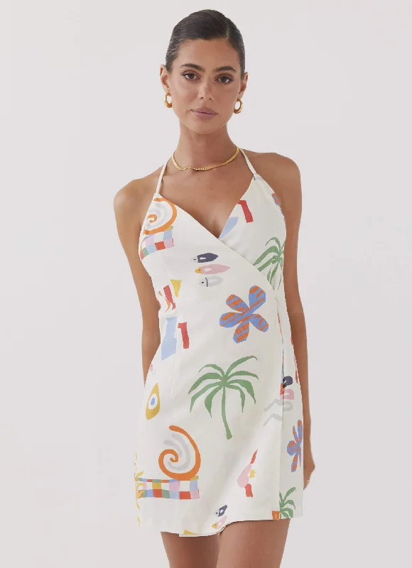 At Last Sunrise Wrap Linen Mini Dress - Summer Palm