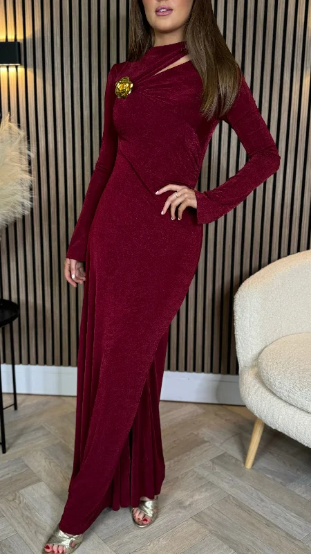 Ayda Burgundy Split Neckline Brooch Detail Maxi Dress