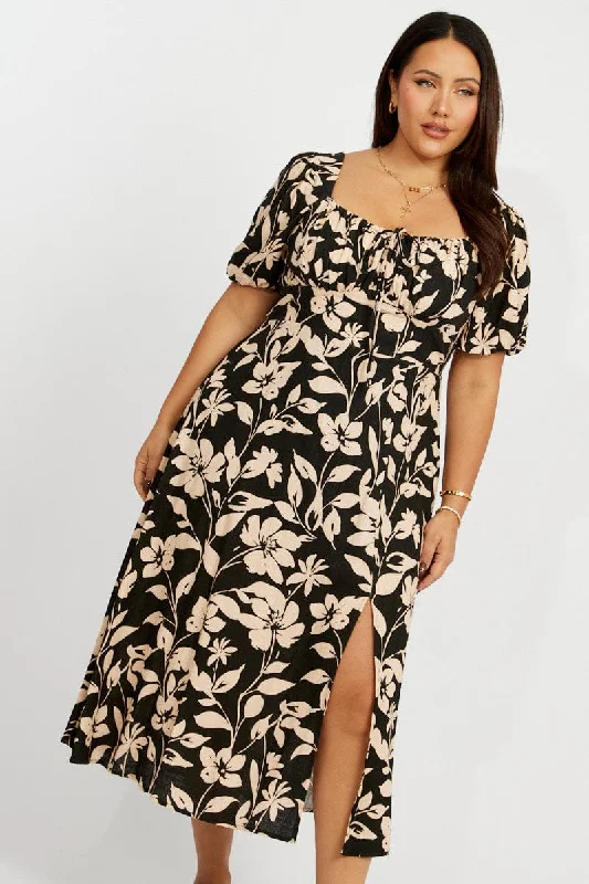 Black Floral Midi Dress Short Sleeve Linen Blend