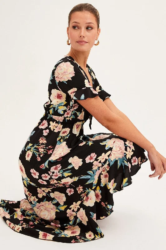 Black Floral Tie Front Floral Midi Dress