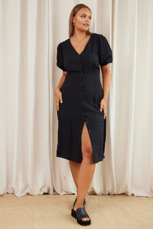 Black Midi Dress V-neck Puff Sleeve