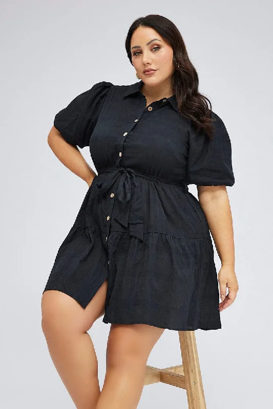 Black Shirtdress Textured Cotton Check Puff Sleeve