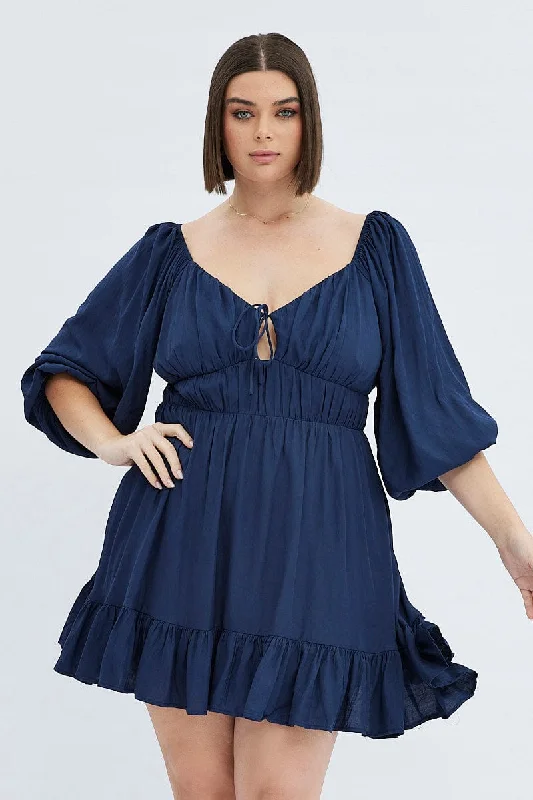 Blue Fit And Flare Dress 3/4 Sleeve Tiered Cut Out