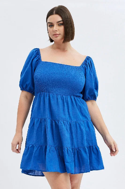 Blue Fit And Flare Dress Short Sleeve Shirred