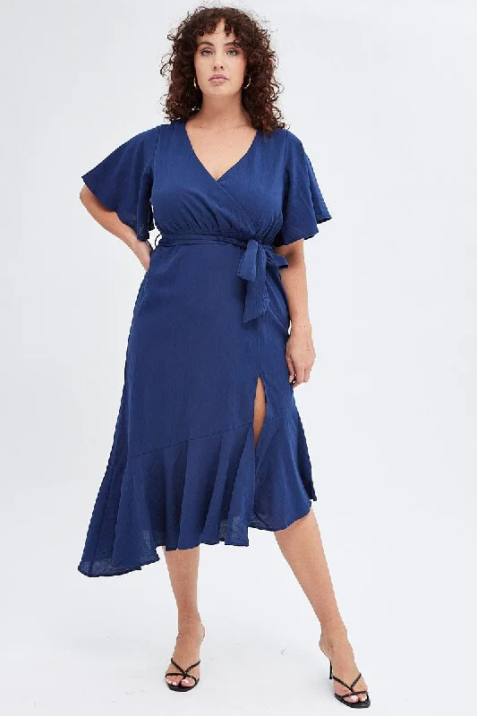 Blue Midi Dress Short Sleeve Faux Wrap