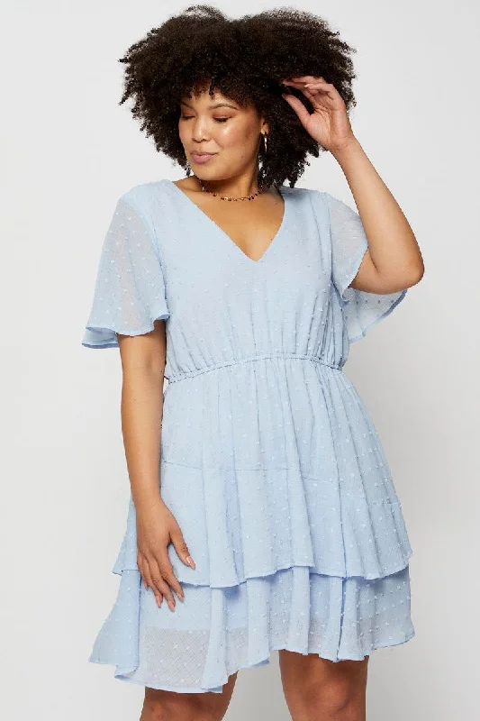 Blue Skater Dress Textured V-neck Short Sleeve