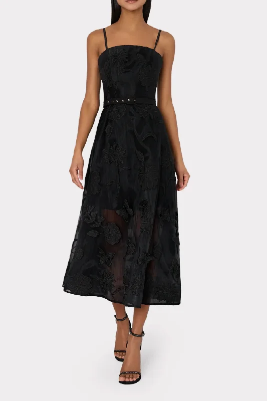 Butterfly Embroidery Spaghetti Strap Dress - Black