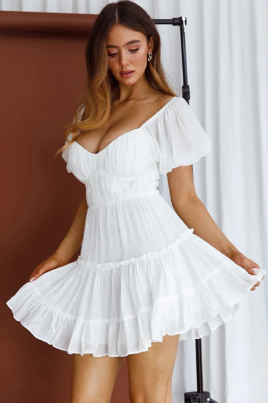 Camille Gathered Bodice Puff Sleeve Flounce Hem Mini Dress White