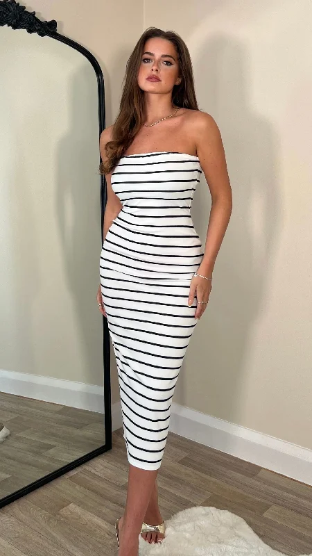 Celestia Black & White Striped Bandeau Midi Dress