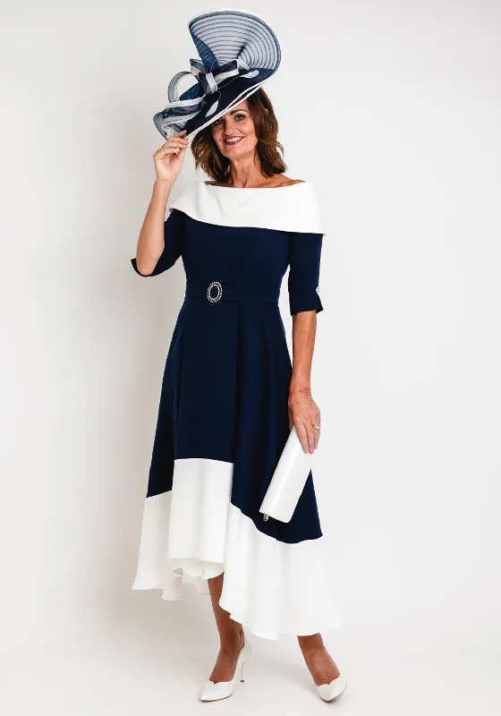 Claudia C Diana Off Shoulder A-line Midi Dress, Navy & White