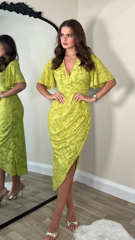 Cyprian Lime Green Angel Sleeve Wrap Midi Dress