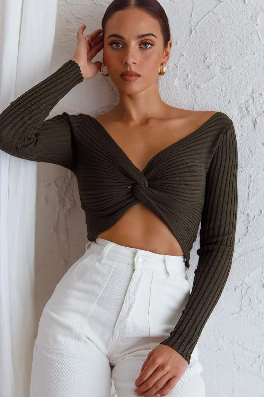 Dream Weaver Long Sleeve Twist Bust Crop Top Forest Green