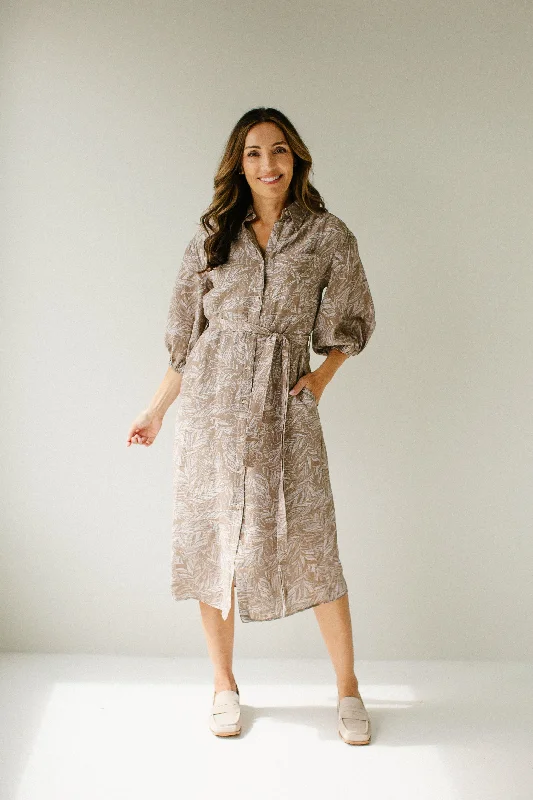 'Edith' Leaf Print Tie Waist Shirtdress in Light Mocha