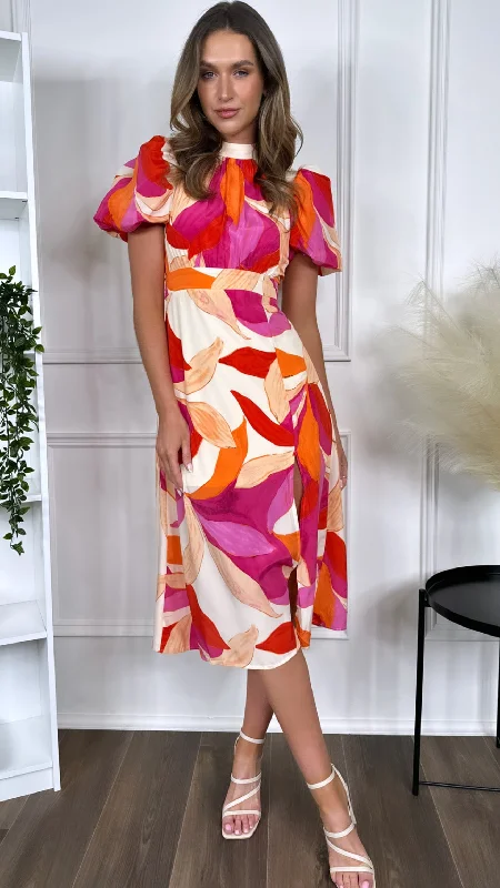 Elara Pink & Orange Printed Puff Sleeve High Neck Midi Dress