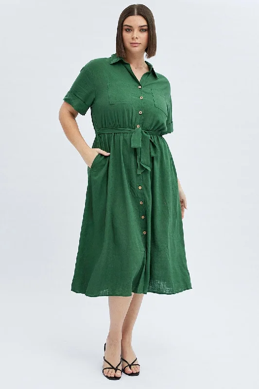 Green Midi Dress Puff Sleeve Belted With Pockets