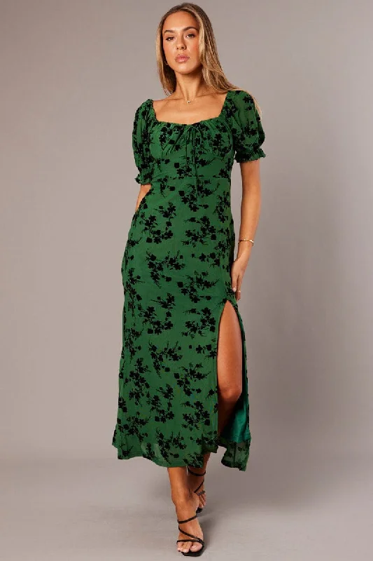 Green Midi Dress Puff Sleeve Burn Out