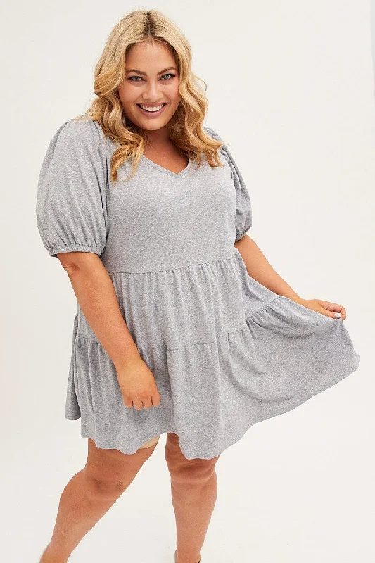 Grey Tiered Dress Puff Sleeve Round Neck