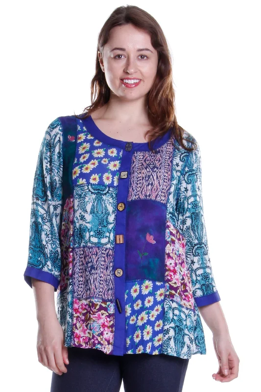 La Cera Blue Multi Patchwork Top