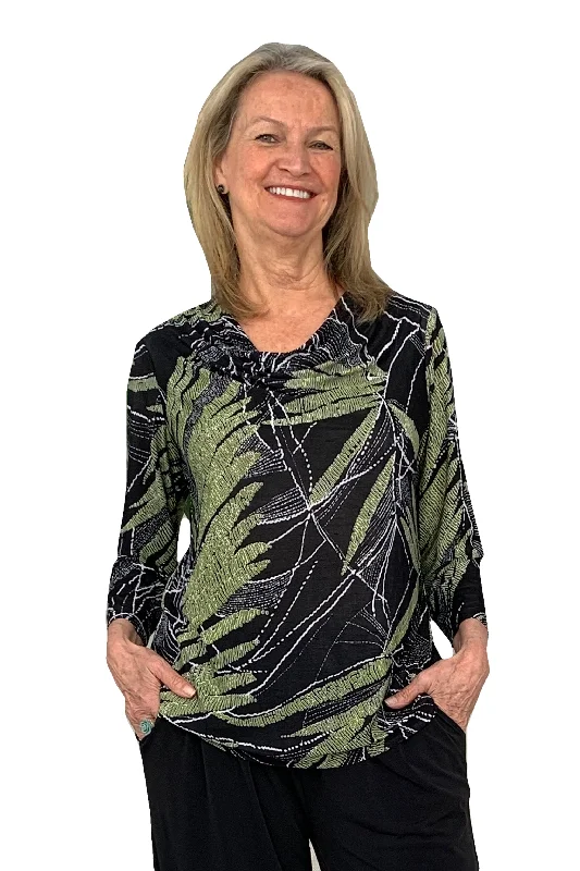 La Cera Savannah Palm Print Cowl Neck Top