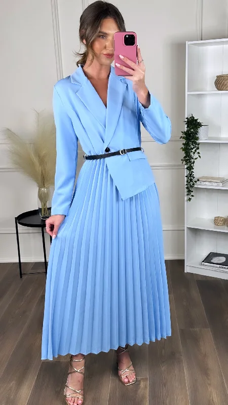 Larissa Blue Blazer Top Pleated Midi Dress