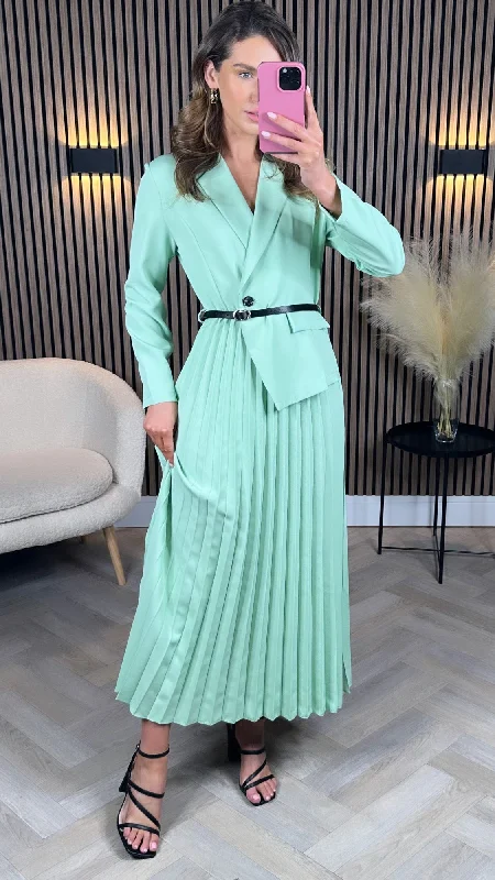 Larissa Light Green Blazer Top Pleated Midi Dress