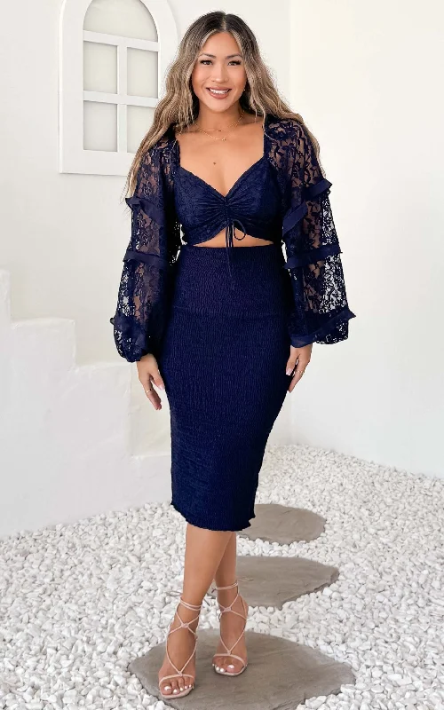 Leona Lace Sleeve Midi Dress - Navy