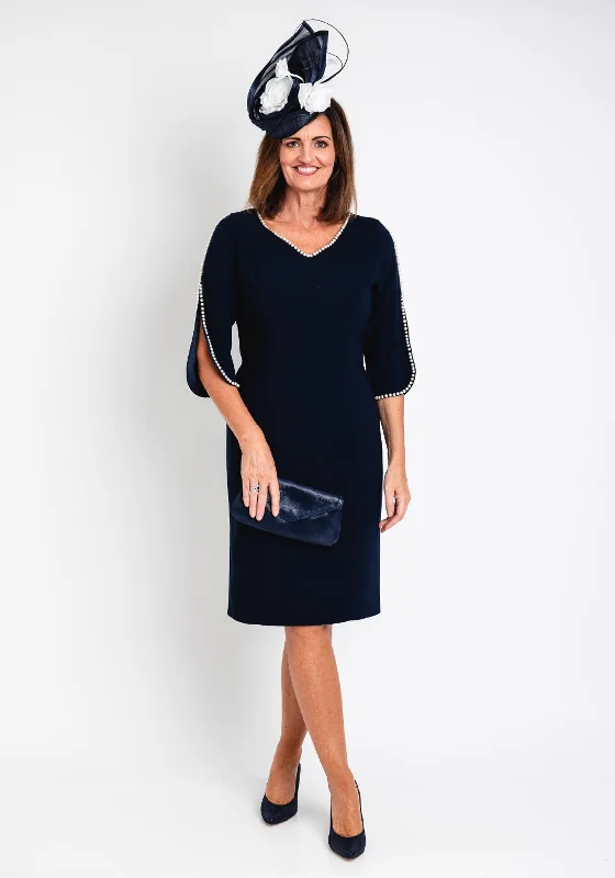 Lizabella Pearl Trim Tulip Sleeve Pencil Midi Dress, Navy