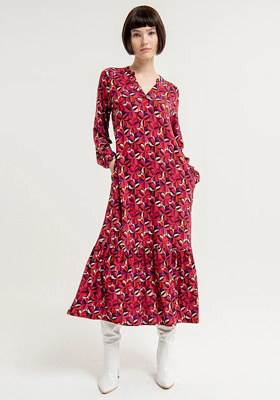 Surkana Flower Pattern, Frill Hem Maxi Dress, Red