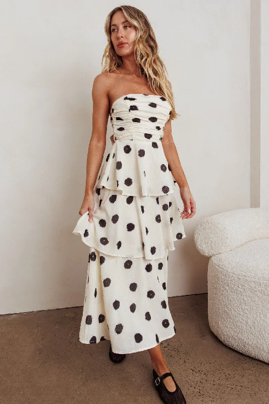 Lorcan Strapless Ruffle Dotted Midi Dress Oat