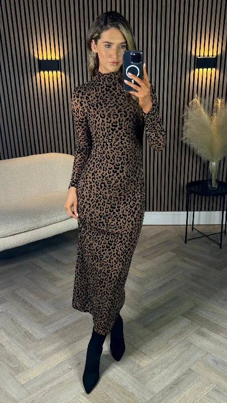 Louie Beige & Black Leopard Printed High Neck Midi Dress (PRE ORDER)