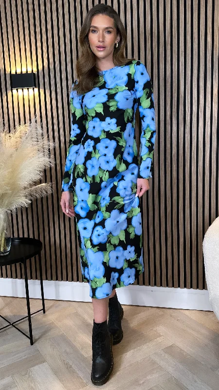 Lynneth Blue Floral Printed Midi Dress