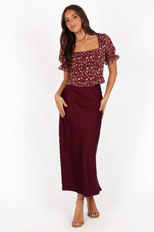 Nellie Satin Midi Skirt - Burgundy