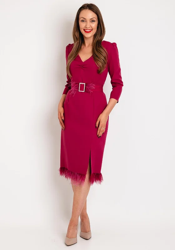 Olimara Feather Trim Midi Dress, Magenta