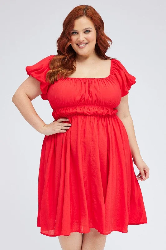 Red Fit And Flare Dress Short Sleeve Ruched