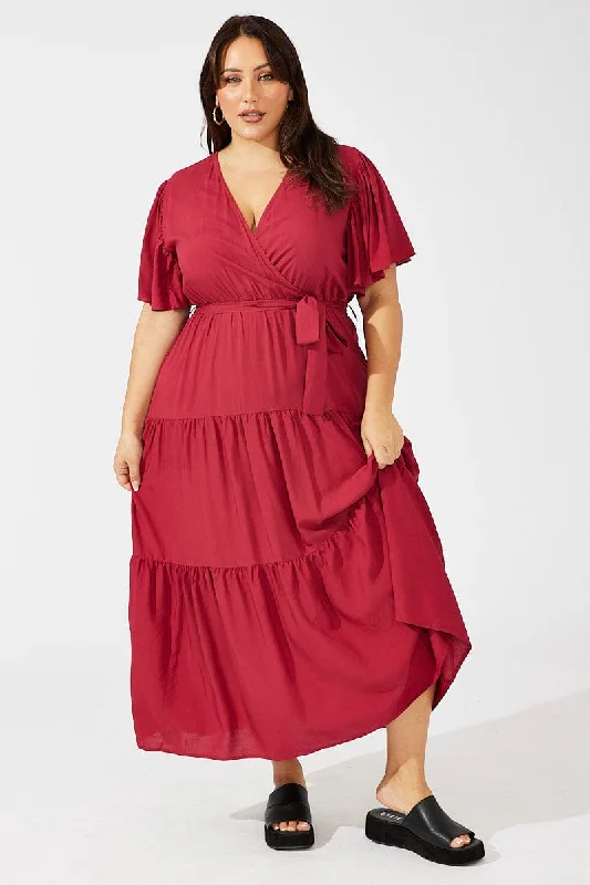 Red Maxi Dress Short Sleeve V-neck Tiered