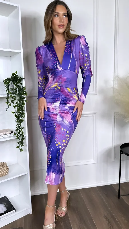 Rosalia Purple Printed Ruched V Neckline Midi Dress