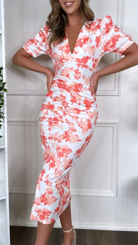 Sabina White & Orange Short Sleeve Ruched Midi Dress