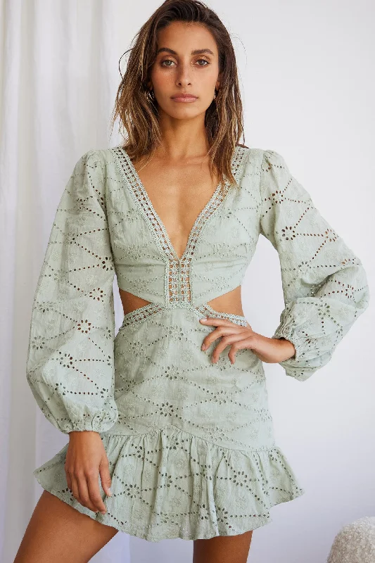 Santorini Sunset Balloon Sleeve Cut-Out Eyelet Dress Sage