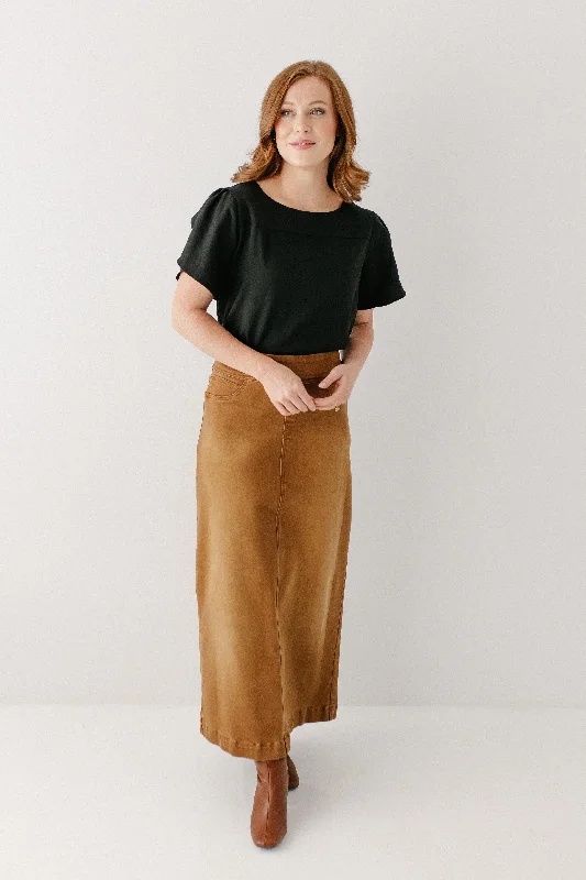 'Sara' Long Stretch Denim Skirt in Camel