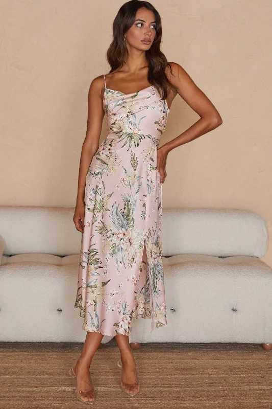 Suki Front Split Midi Dress Tropical Floral Print Pink