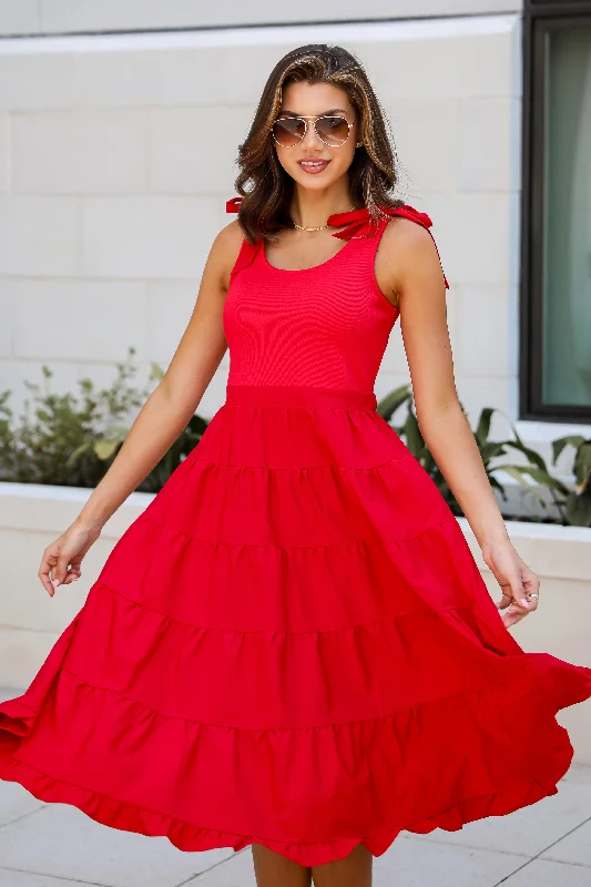 Sweet Daylight Red Tiered Midi Dress