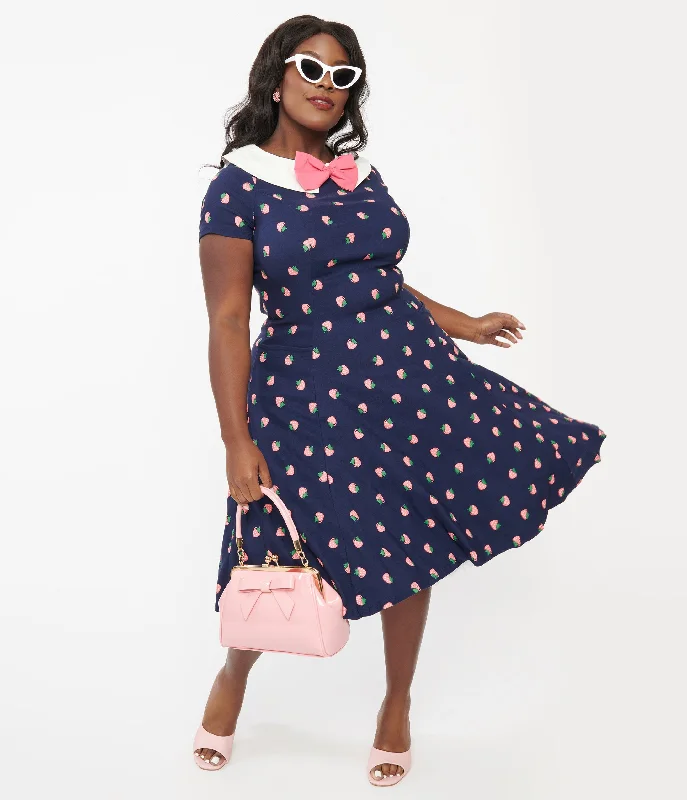 Unique Vintage Plus Size Navy & Pink Strawberry Print Eloise Swing Dress