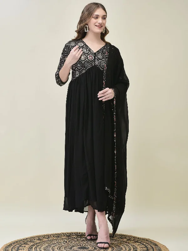 Women Georgette Black Embroidered Dress With Dupatta