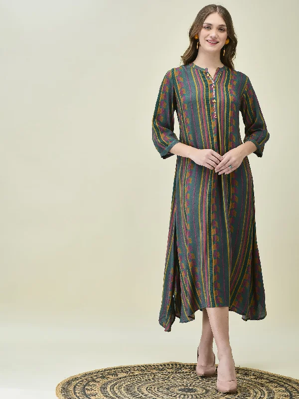 Women Liva Rayon Green Stripe Print Dress