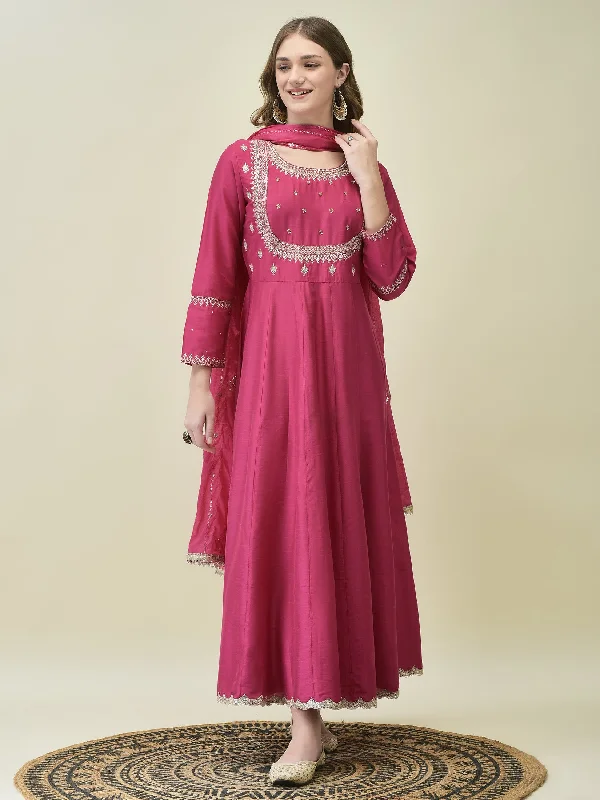 Women Poly Silk Fuchsia Embroidered Dress With Dupatta