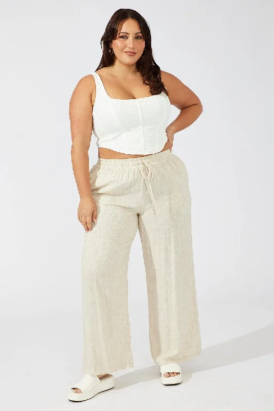 Beige Wide Leg Pants High Rise