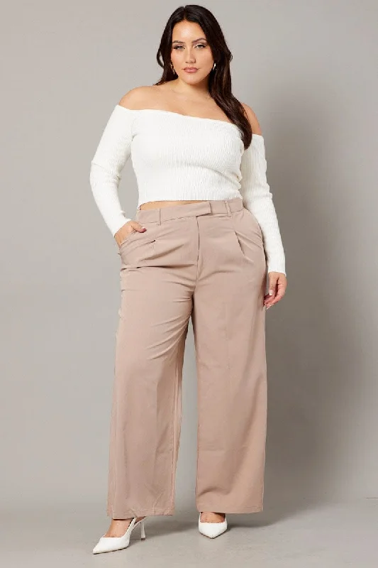 Beige Wide Leg Pants High Waist